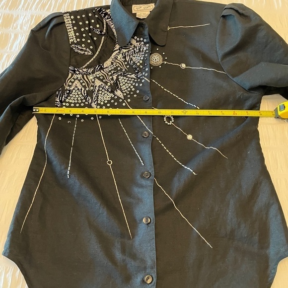 TOP TOPS Vintage Embellished Black Button Front Blouse Sequins Beads 80's Vibes - Picture 14 of 16